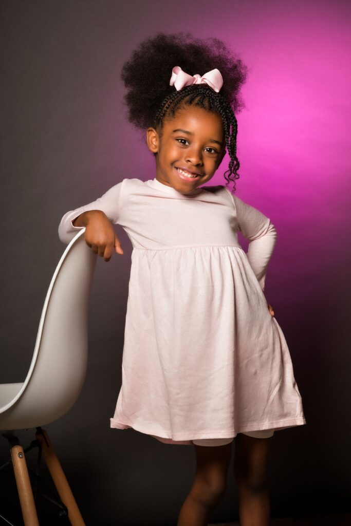 Child model in cute pink dress