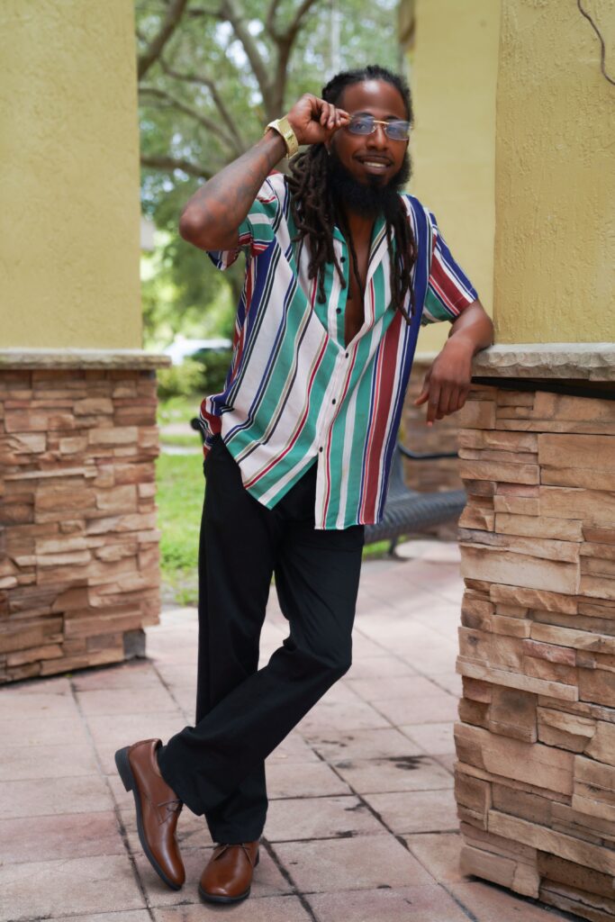 Model showcasing bold striped fashion