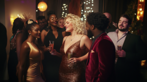 Model wearing sequin red dress and velvet blazer styled for a holiday party