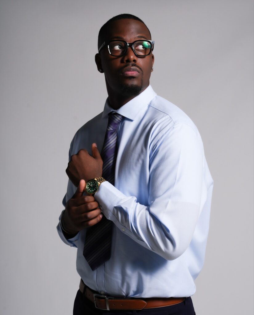 Model posing in stylish business attire