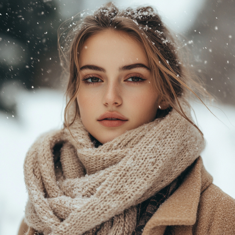 Model showcasing winter makeup and style